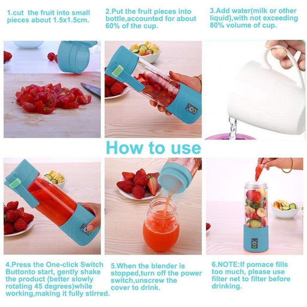 Portable Blender, Smoothie Juicer Cup - Six Blades in 3D, 13oz Fruit Mixing Machine