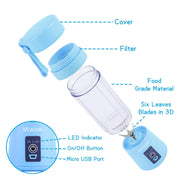 Portable Blender, Smoothie Juicer Cup - Six Blades in 3D, 13oz Fruit Mixing Machine